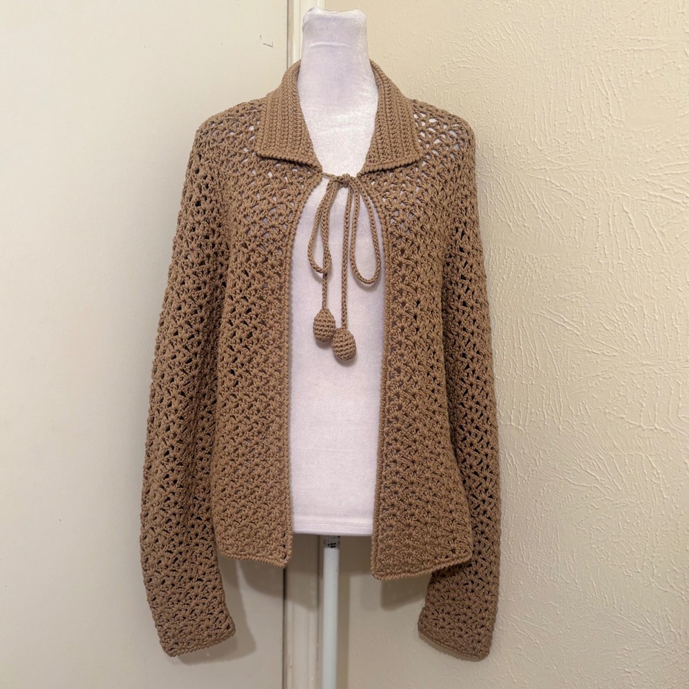 Tan Open Knit Collared Front Tie Bauble Cardigan Cottagecore Granola Girl Size M